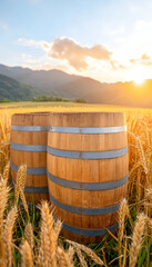Obraz premium Two Barrels on wheat field at dusk. Rustic scene for beverage product display