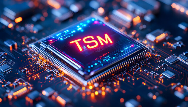 TSM chip on circuit board, glowing; tech background