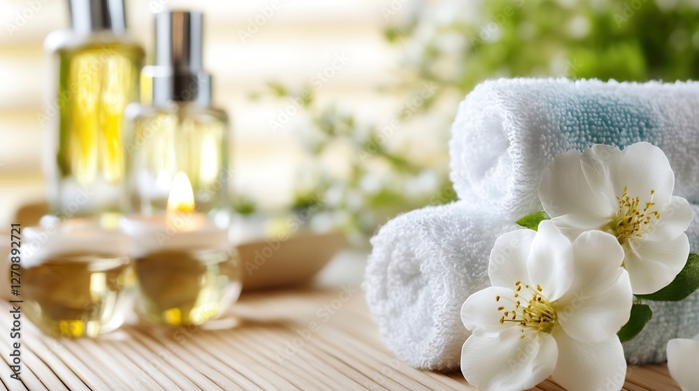 Poster An inviting spa setting featuring essential oils fresh flowers and towels creating a calming ambiance : Generative AI