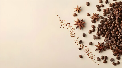 Aesthetic arrangement of coffee beans and star anise on a neutral background, suggesting warmth