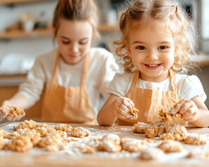 Two girls bake cookies in a bright kitchen, smiling, learning, sharing skills