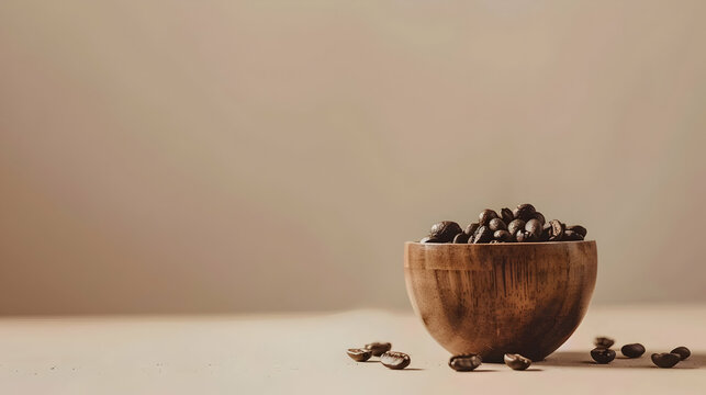 A rustic wooden bowl filled with coffee beans, set against a soft, neutral background, evoking warmth