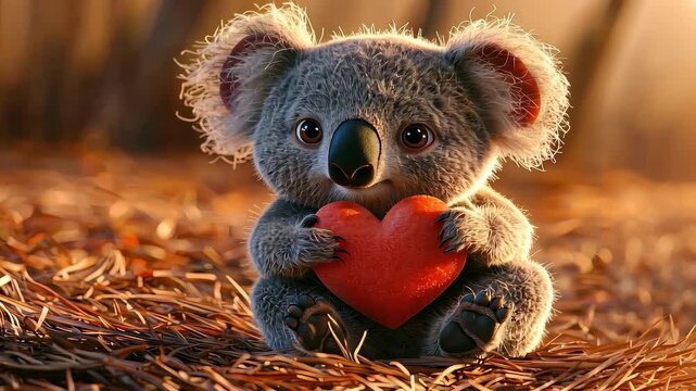 Close-up of a koala with a heart. Selective focus