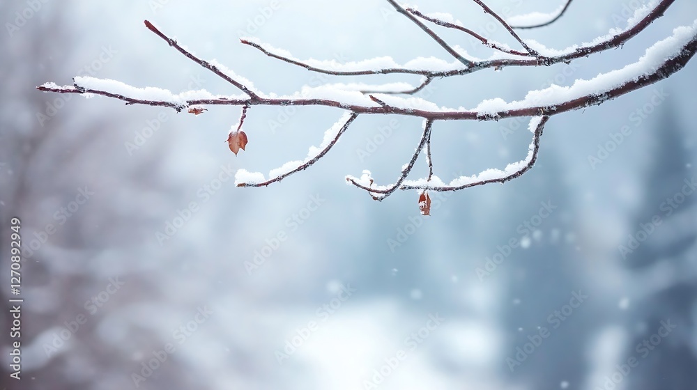 Poster Branch with delicate snowflakes resting gently on it creating a serene wintery atmosphere in nature : Generative AI