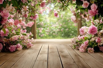Wooden table, rose garden backdrop, spring, product display