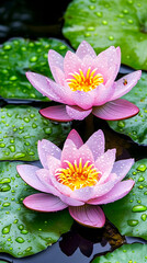 Two pink water lilies blooming in a pond on lily pads covered in water droplets