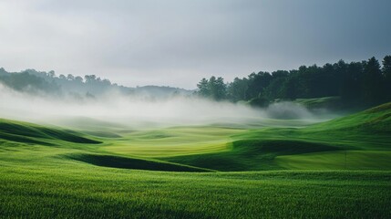 Obraz premium Beautiful landscape of a foggy golf course . Lush green grass and dark foggy cloud make this image amazing.