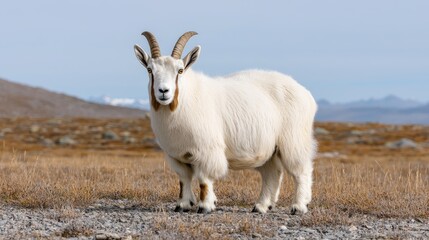 Obraz premium Mountain goat standing in autumnal field, mountains background