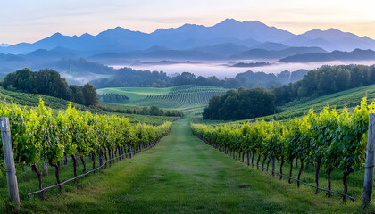 Naklejka premium Vineyard view with mountains in distance, early morning fog and golden light