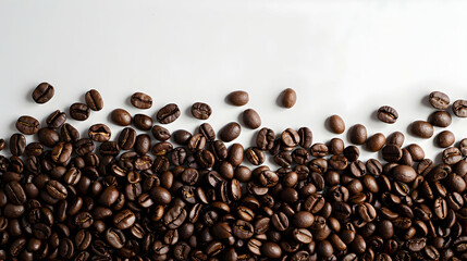 Obraz premium A close-up view of scattered coffee beans on a white surface, highlighting their rich texture and color (1)