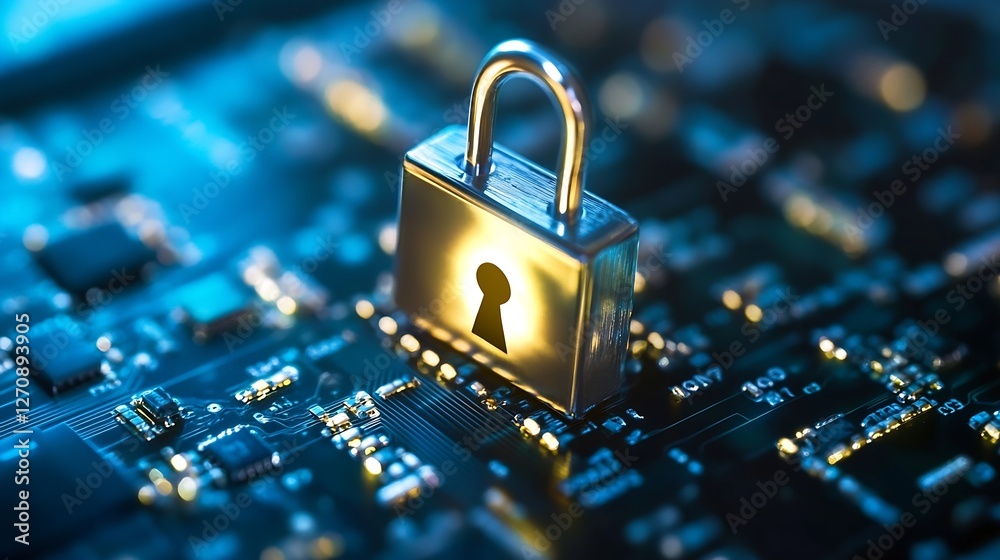 Poster high detailed digital lock over a circuit board showcasing cybersecurity concepts and technology inn