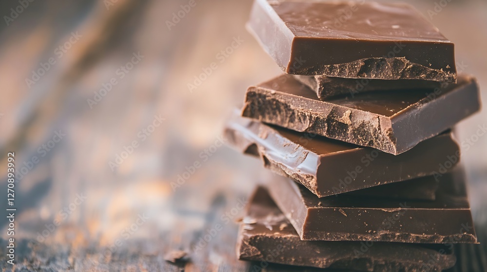 Poster delicious stacked chocolate pieces on a rustic surface inviting indulgence and sweetness for dessert