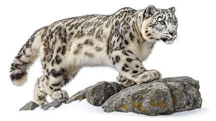 Obraz premium Majestic Snow Leopard Walking on Rocky Mountain Terrain, Wild Big Cat with Spotted Pattern and Long Tail, Endangered Predator in Natural Habitat Isolated on White Background
