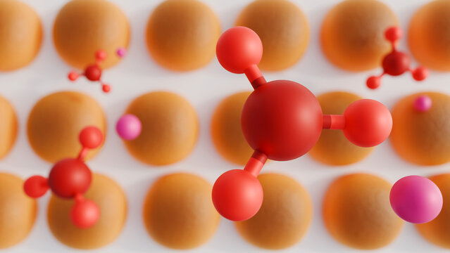 A 3d rendering of potassium bromate molecules with bread.  Potassium bromate was used in bread but is now banned due to health risks.