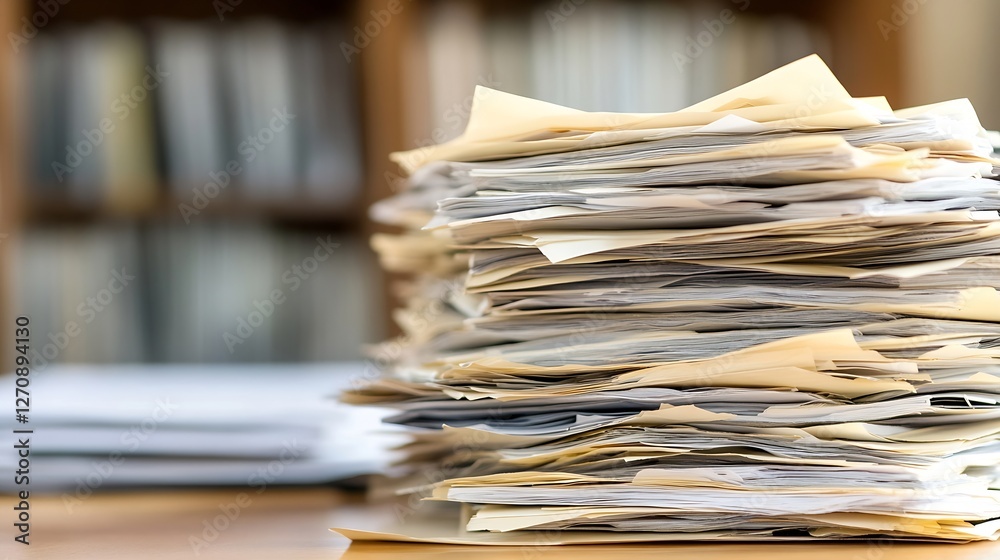 Poster Messy stack of paper documents depicting the chaos of paperwork in a typical busy office environment : Generative AI
