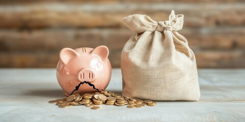 A symbolic image of a cracked piggy bank spilling coins next to a shrinking bag of groceries, highlighting the financial strain