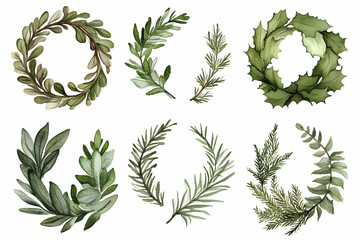 Watercolor foliage wreaths set for wedding invitations, card decor, floral design