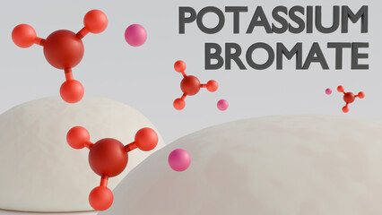 A 3d rendering of potassium bromate molecules with dough.  Potassium bromate was used in dough but is now banned due to health risks.