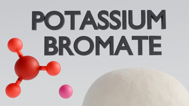 A 3d rendering of potassium bromate molecules with dough.  Potassium bromate was used in dough but is now banned due to health risks.