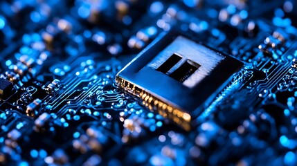 Closeup of a modern microprocessor set against a vibrant blue circuit board background : Generative AI