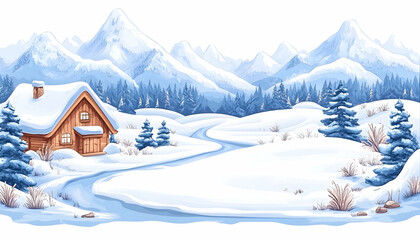 Fototapeta premium Winter Cabin Landscape Serene scene featuring snow-covered mountains and pine trees