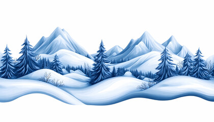 Winter landscape with snow-covered mountains and fir trees, for backgrounds and designs