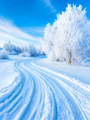 Obraz premium Winter road winding through snowy landscape under blue sky. For travel marketing