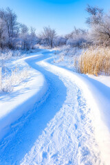 Obraz premium Winter path with snow winding through a meadow, sunny sky. Stock photo