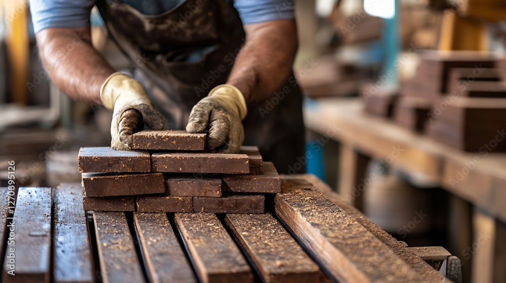 Aufkleber craftsman expertly stacking wooden blocks in a well lit workshop creating an artisanal wooden projec