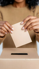 Obraz premium Woman casts ballot in election box indoors; civic duty, democratic process