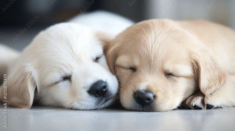 Poster two adorable golden retriever puppies peacefully sleeping next to each other creating a heartwarming