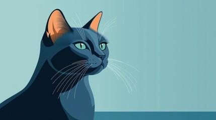 Stylized blue cat with green eyes on a solid background.