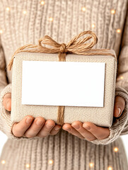 Obraz premium Woman holds gift; label. Warm sweater, festive lights; cozy, holiday gift giving