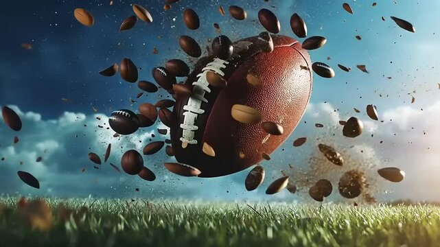 A football suspended in mid-air, surrounded by grass and a dramatic sky.