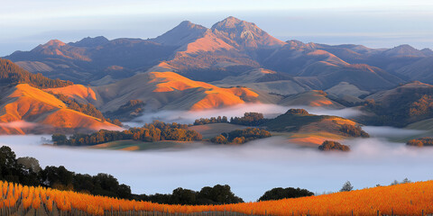 Misty Mountain Valley at Sunrise with Rolling Hills