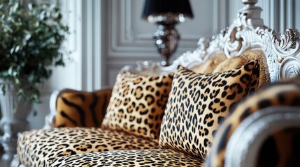 This living room boasts an eye-catching cheetah print couch and matching pillows, adding a bold wildlife inspired theme to the interior.