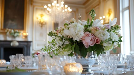 Opulent dining table adorned with a stunning floral centerpiece for elegant events : Generative AI