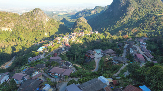 Aerial view from drone of the rural village in the mountains
