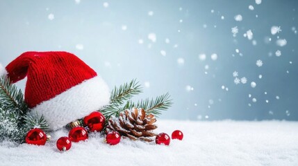 Festive Scene with Santa Hat, Pine Cone, Red Ornaments, and Snowflakes on a Winter Background