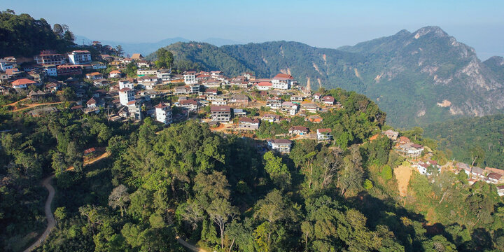 Aerial view from drone of the rural village in the mountains