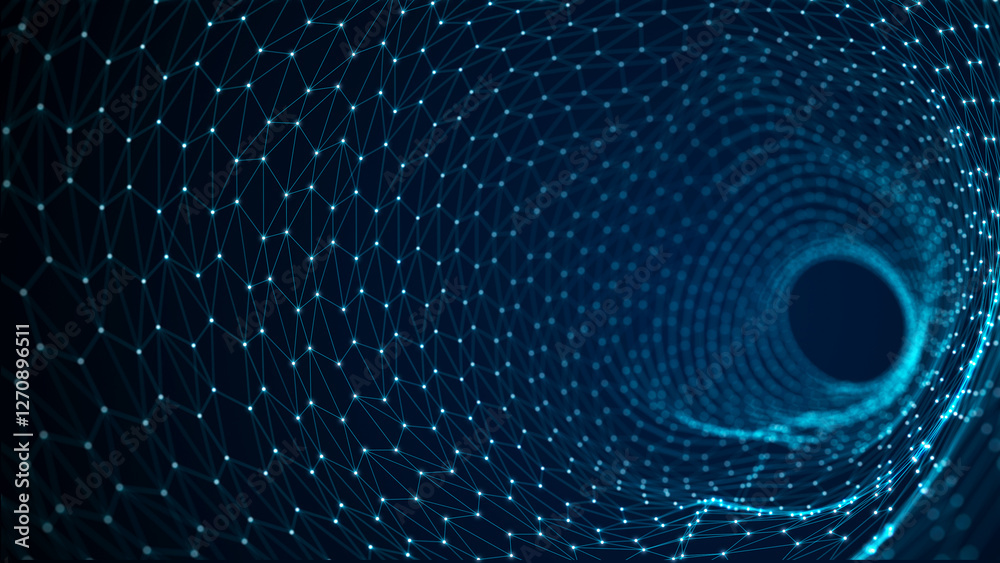 Leinwandbilder Digital binary data tunnel. Abstract connection of dots on dark background. Concept of network. 3D