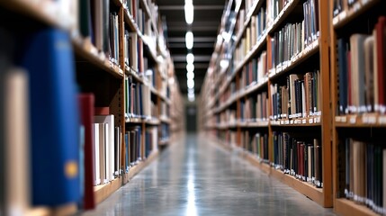 Row of organized books on wooden shelves in a modern library setting : Generative AI