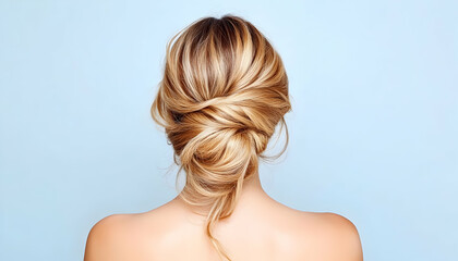 Fototapeta premium Woman with blonde hair in a bun, back view, beauty and style, light blue background