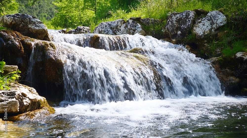 Poster beautiful cascading waterfall surrounded by lush greenery in a serene natural setting : generative a
