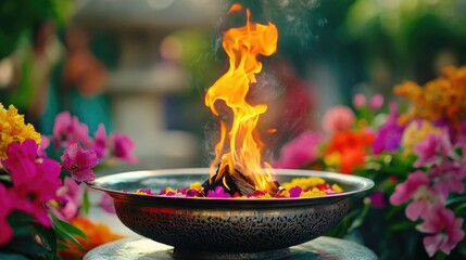 Flame is burning inside a brass bowl with spices, in a setting surrounded by flowers.