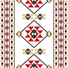 Red and yellow Navajo pattern, a native American ethnic seamless pattern with tribal geometric elements. Boho style. Idea for textiles, rugs, curtains, and blankets. Folk print.