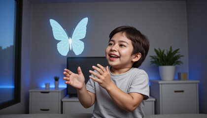 Laughing 1-year-old baby boy in modern nursery clapping at AI holographic butterfly