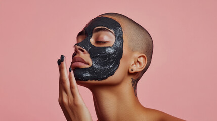 Non-binary person applies charcoal face mask in beauty routine with a soft pink background