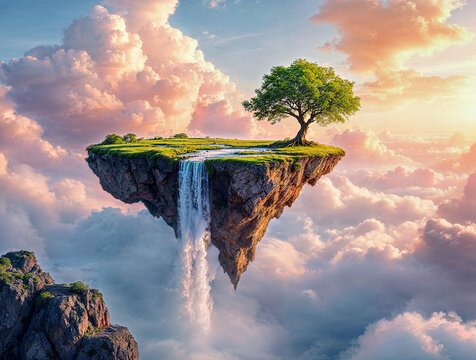 Schwebende Insel mit Baum und Wasserfall in den Wolken &ndash; Magische Traumwelt &uuml;ber dem Himmel