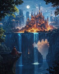 Fototapeta premium Wonderland theme, designed ,to create surreal, and fantastical , stock images Majestic castle illuminated by waterfalls at night.